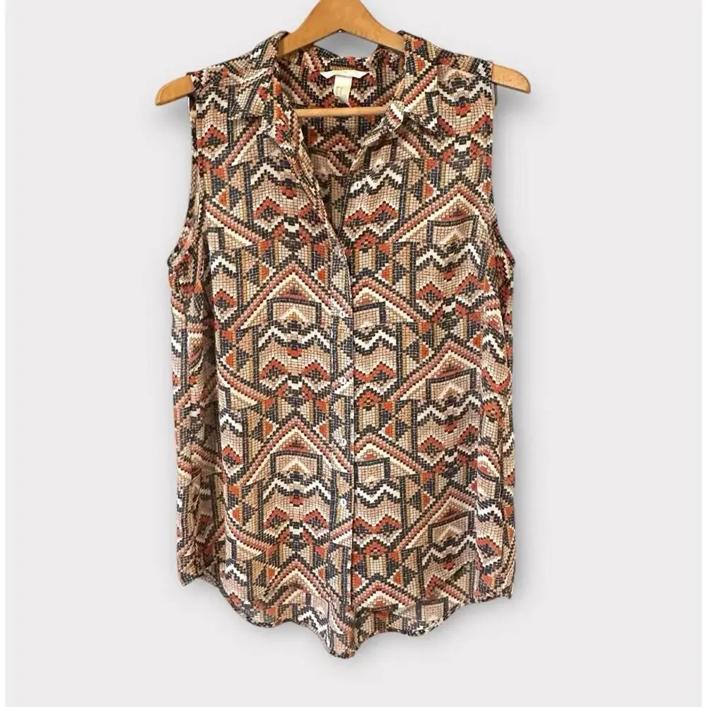 H&M Wonens Blouse Top Button Up Sleeveless Geometric Pattern Multicolor Size 12 - Picture 1 of 12